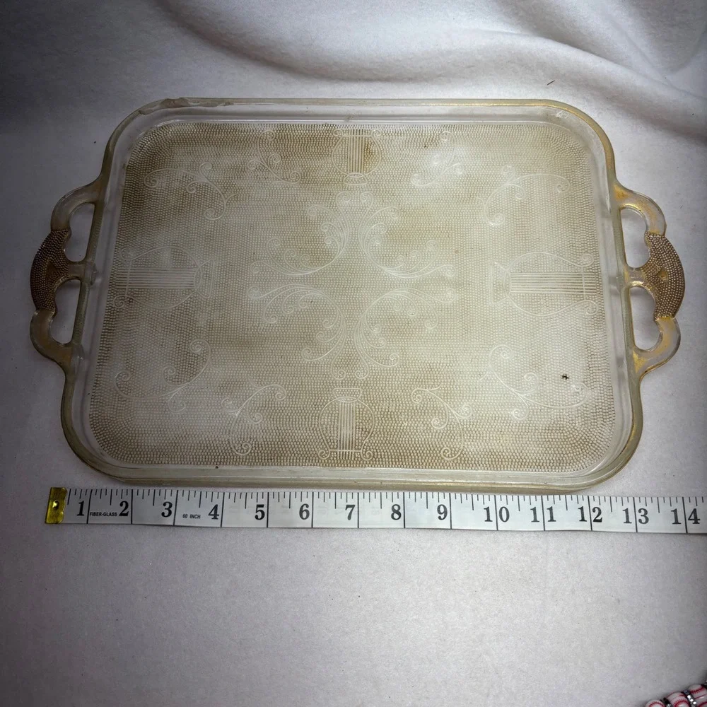 Vintage Harp Etched Glass Serving Tray with Handles‎ Ornate Floral Design